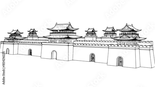 Chinese imperial castle with long fortress walls, watchtowers, traditional curved roofs, ornate gates, black and white isolated vector, clean outline style