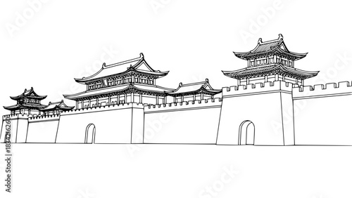 Chinese imperial castle with long fortress walls, watchtowers, traditional curved roofs, ornate gates, black and white isolated vector, clean outline style