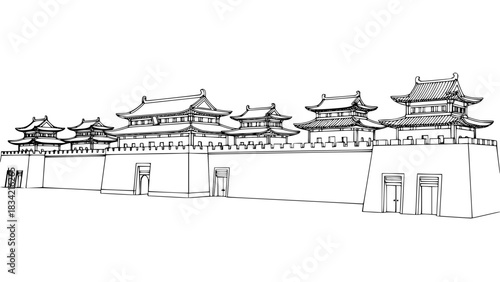 Chinese imperial castle with long fortress walls, watchtowers, traditional curved roofs, ornate gates, black and white isolated vector, clean outline style