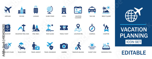 Vacation Planning & Travel Icon set. Features icons of planning, map, relaxation, explore, hotel, booking, transportation, holiday, and tour websites.