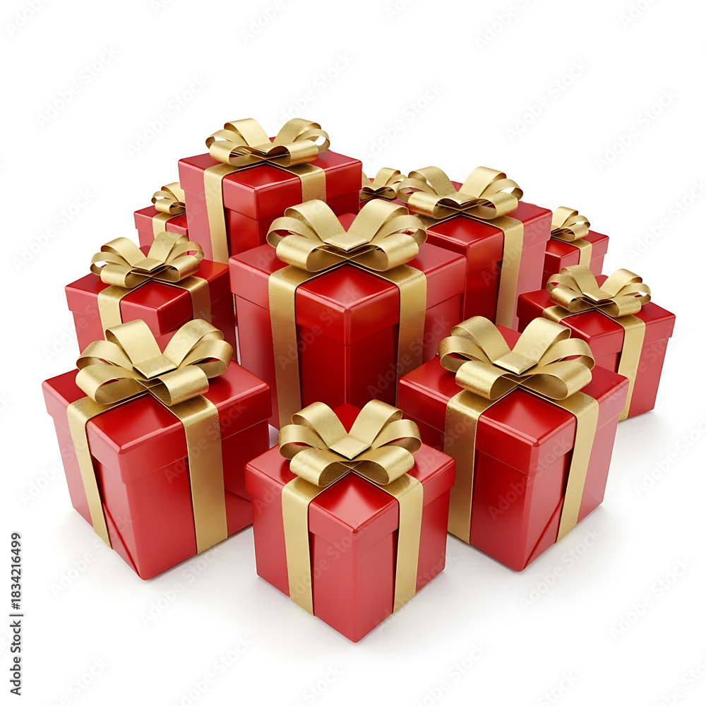 Fototapeta premium Collection of shiny red gift boxes tied with gold ribbon and bow isolated on white background