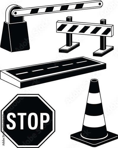 Traffic control sketch, black and white drawing, stop sign road cone, boom barrier barricade, safety illustration, construction zone art, road elements line art