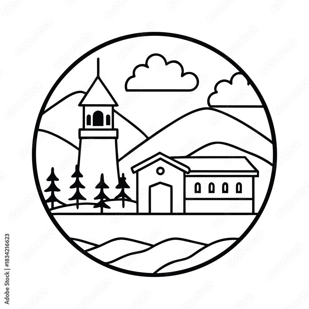 Obraz premium Architecture design of a cartoon house in the sky and mountains, vector illustration home icon building in the landscape village