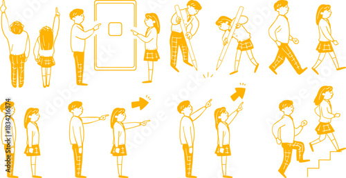 黄色いラインで描かれた制服姿の高校生男女の進路案内や視線誘導のためのアイコン的イラストのセット