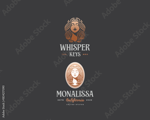 Beautiful goddess with a long hair and laurel wreath logo