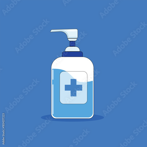 Flat design hand sanitizer bottle on a clean blue background, representing hygiene, protection, and health. Perfect for medical, safety, and sanitation design projects
