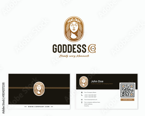 Beautiful goddess with a long hair and laurel wreath logo