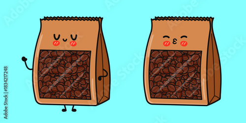Kawaii coffee bean characters expressing love and happiness