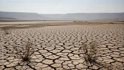 Vast expanse of cracked dry earth in a desert landscape.