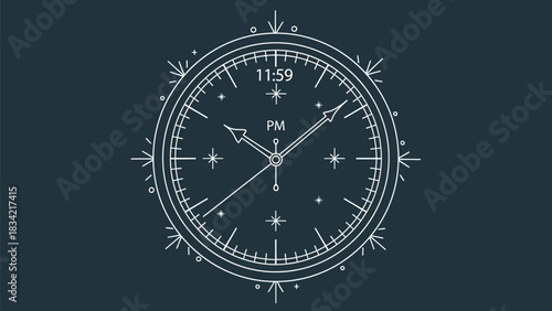 Elegant clock face showing eleven fifty nine pm in a decorative line art style