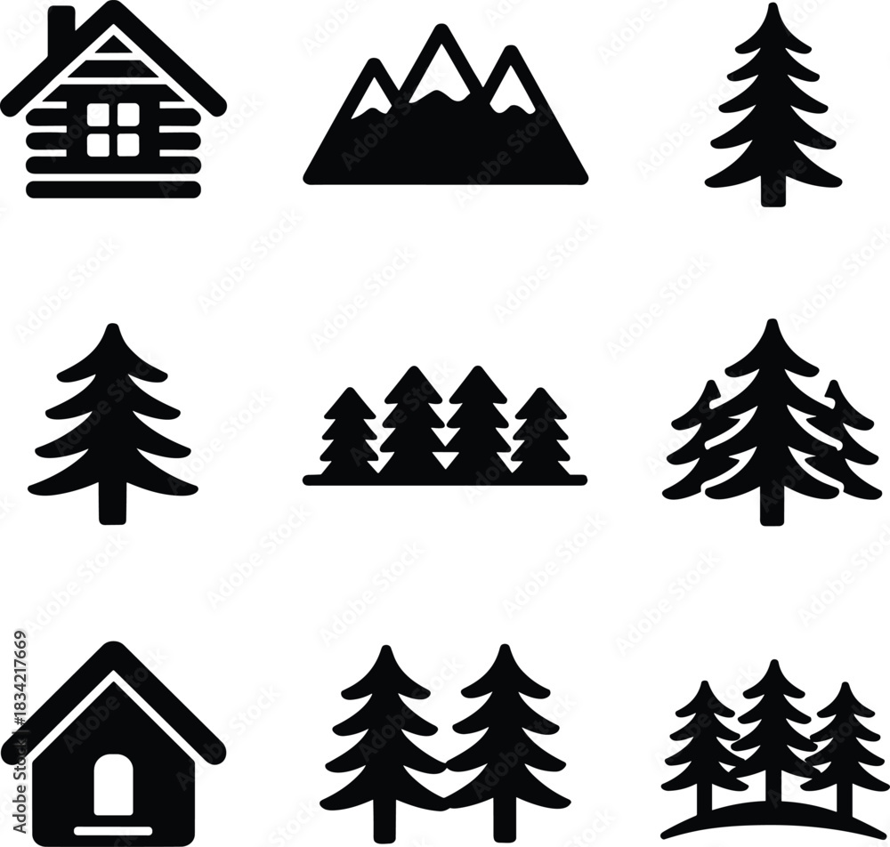 Obraz premium Rustic mountain cabin and evergreen forest icons for outdoor adventure and nature themes
