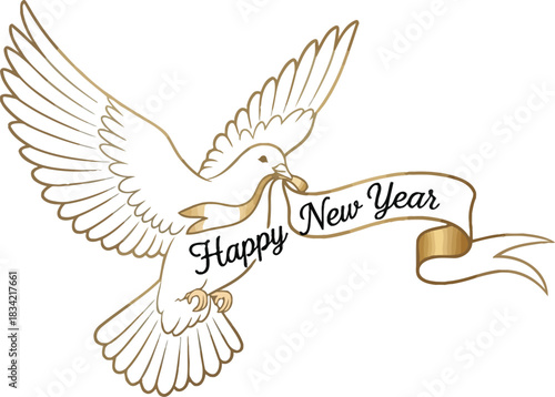 Dove carrying a happy new year banner in its beak against a light blue background