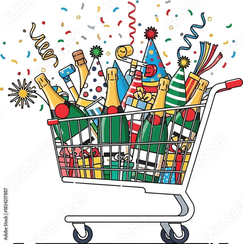 Shopping cart filled with champagne bottles and party favors for celebration