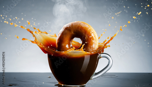 Plain ring donut dropping into a clear glass coffee cup causing a large liquid splash.