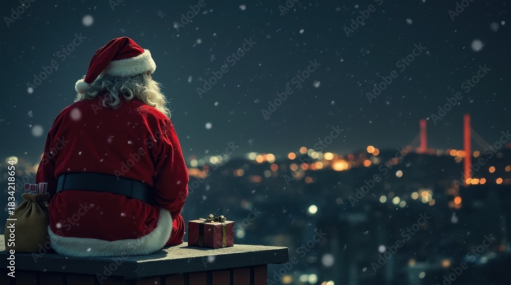 Fototapeta premium Minimalist santa claus emerging from rooftop chimney with gifts, snowy cityscape background 