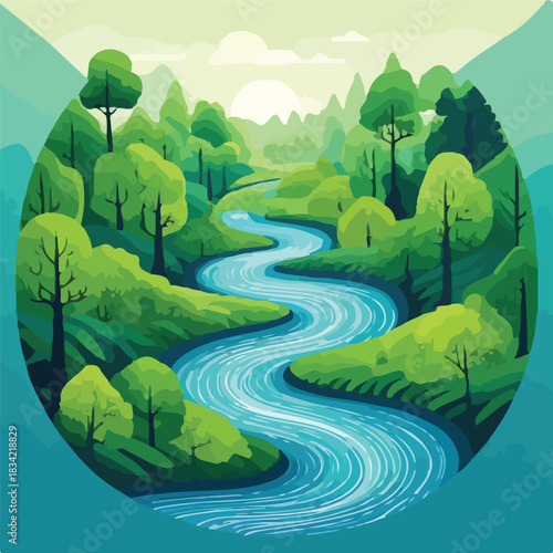 Illustration of a serene river flowing through a lush forest with vibrant green trees and a sunny sky in a circular frame.