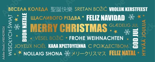 merry christmas greeting card with text in different languages vector illustration