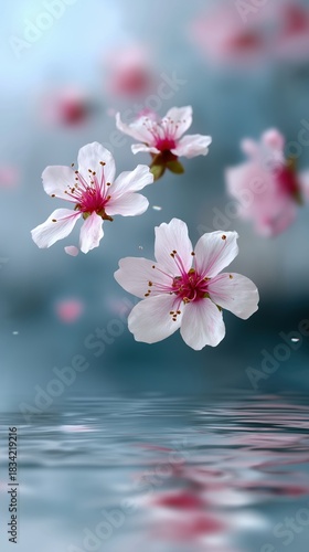 Delicate pink cherry blossoms floating over water with soft blue background