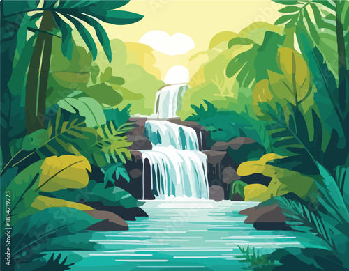 Illustration of a serene waterfall cascading into a tranquil pool surrounded by lush greenery and vibrant tropical plants under a sunny yellow sky.