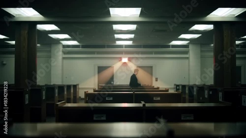 Person in empty library interior with bookshelves and exit sign, dim lighting.