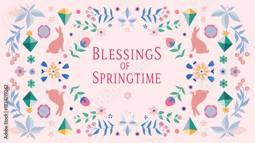 Whimsical springtime design with rabbits flowers and geometric shapes celebrating new beginnings