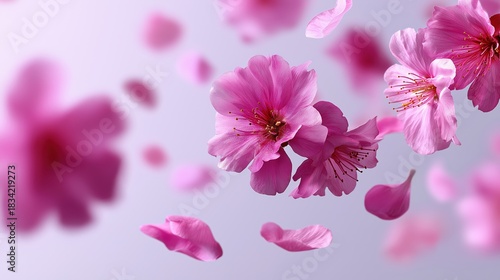 Pink cherry blossom petals floating in soft focus on lilac background