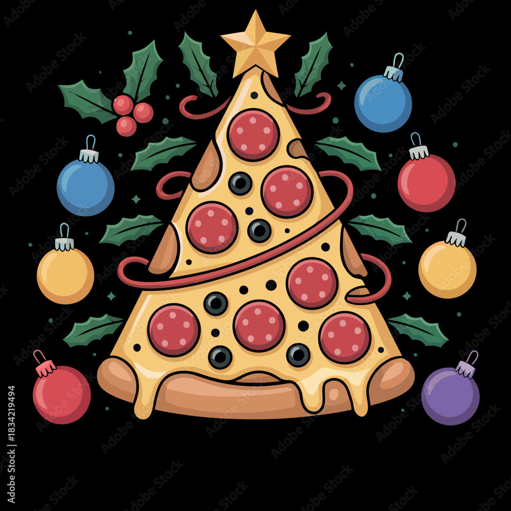 Naklejka premium A quirky design featuring a pizza slice arranged as a Christmas tree. It is adorned with festive ornaments and holly leaves.