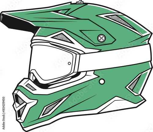 Green motocross helmet with goggles providing safety for extreme sports riders