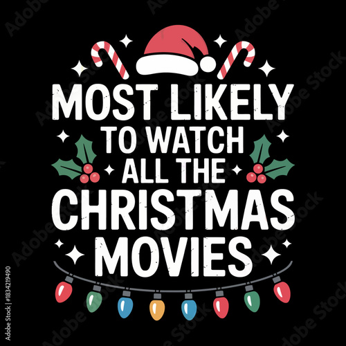 A playful Christmas-themed graphic featuring candy canes, a Santa hat, and holly.
