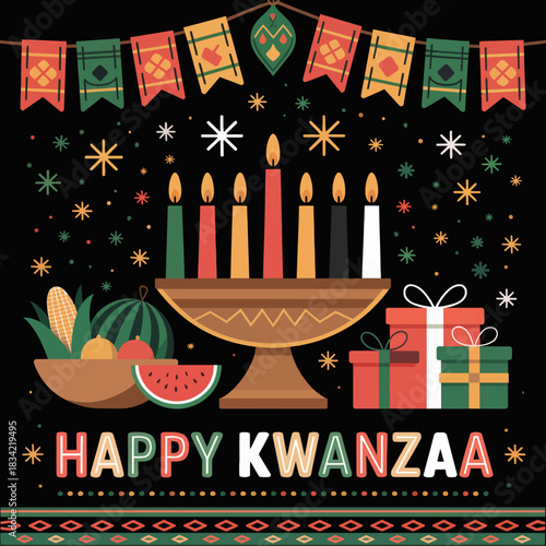 A festive arrangement includes a Kinara with seven lit candles, surrounded by fruits and gifts, symbolizing the celebration of Kwanzaa.