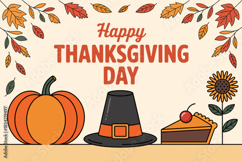 Thanksgiving Day greeting card with pumpkin, pilgrim hat, pie, and sunflower.