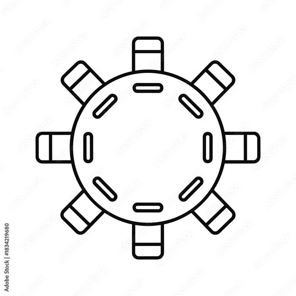 Fototapeta premium Round Meeting Table with 8 Chairs, Top View Line Icon