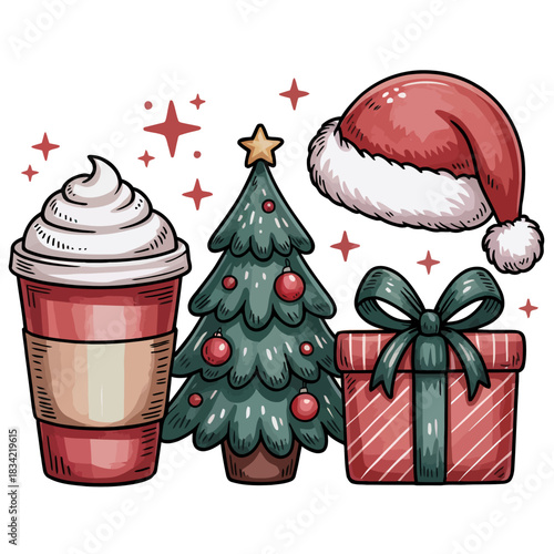 The image features a group of Christmas-themed items, including a hot drink, decorated tree, Santa hat, and wrapped gift