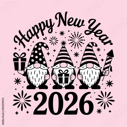 Three gnomes dressed in festive attire hold gifts and a rocket. 2026