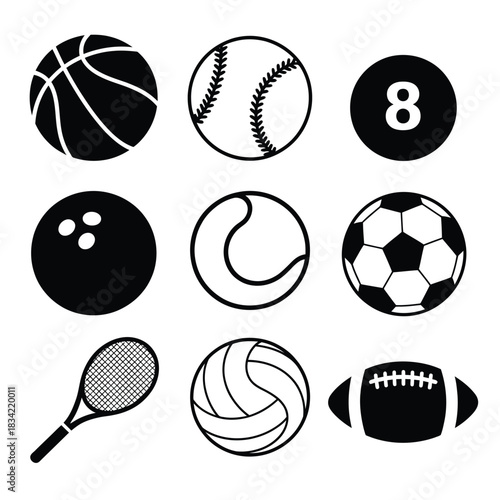 Collection of nine different sports balls and equipment on white background