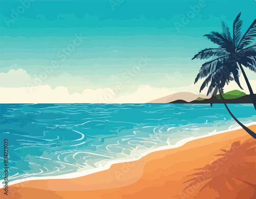 Illustration of a serene beach scene with a palm tree, turquoise ocean, and sandy shore against a clear blue sky with distant land.