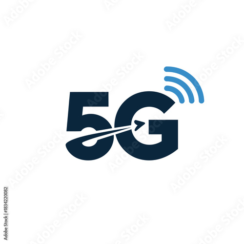Bold 5g logo with abstract signal waves and arrow