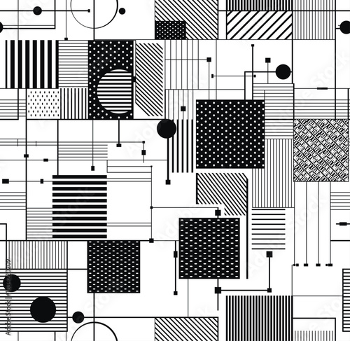 Minimalist seamless pattern featuring black and white geometric shapes, lines, dots, and stripes, resembling a complex abstract circuit board or modern technical design.