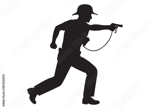  Silhouette of an adventurer in a hat running with a whip and pistol