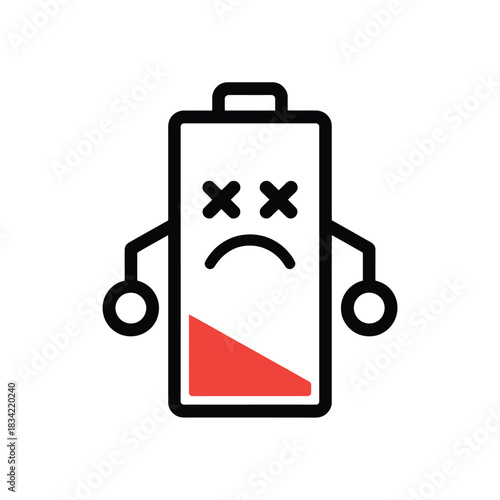 Sad cartoon battery character with low energy and dead eyes