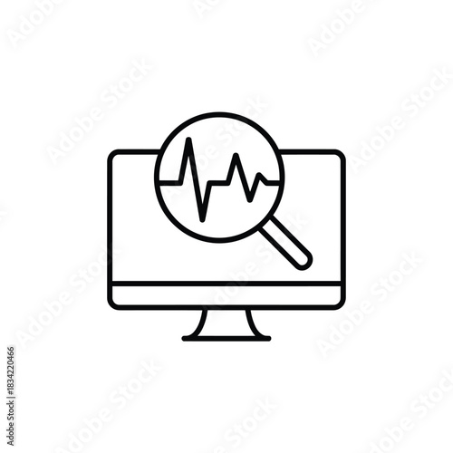 Computer screen with magnifying glass analyzing heartbeat graph
