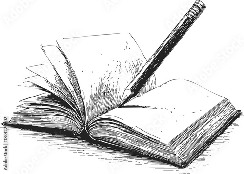 Open book with pencil sketch, hand drawn illustration of writing and literature. Vector illustration