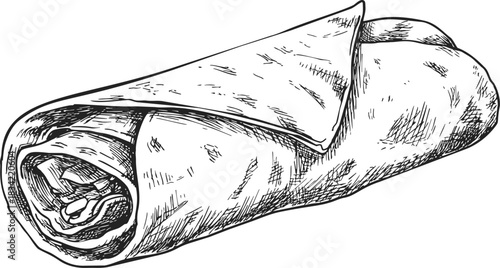 Burrito sketch hand drawn style with detailed tortilla wrap. Vector illustration