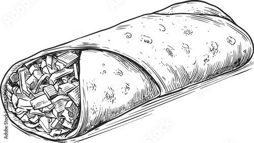 Burrito sketch hand drawn style with detailed tortilla and filling. Vector illustration