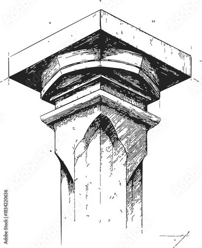 Architectural column capital sketch, hand drawn classical style with ornate details. Vector illustration