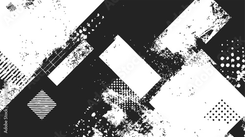 Black and white abstract geometric shapes with grunge sketch texture. Vector illustration