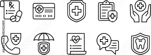 Healthcare insurance icon set vector, medical support symbols, prescription, shield, phone, document, heart, tooth, protection layout
