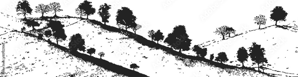 Obraz premium Tree silhouettes on rolling hills, sketch hand drawn landscape scene. Vector illustration