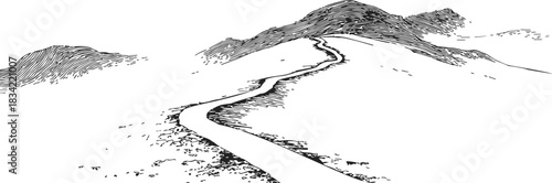 Mountain landscape sketch, hand drawn winding road leading to hills. Vector illustration