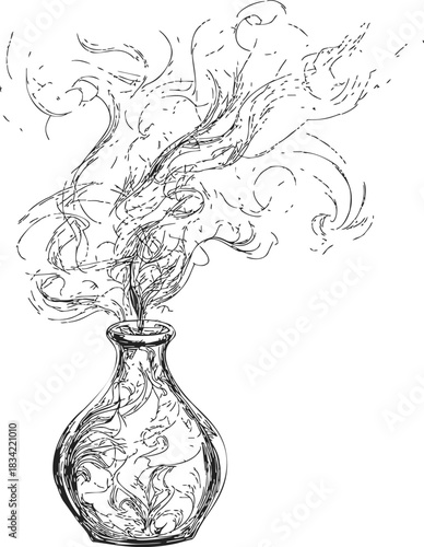 Vase with swirling smoke, sketch hand drawn style, decorative ornate lines. Vector illustration